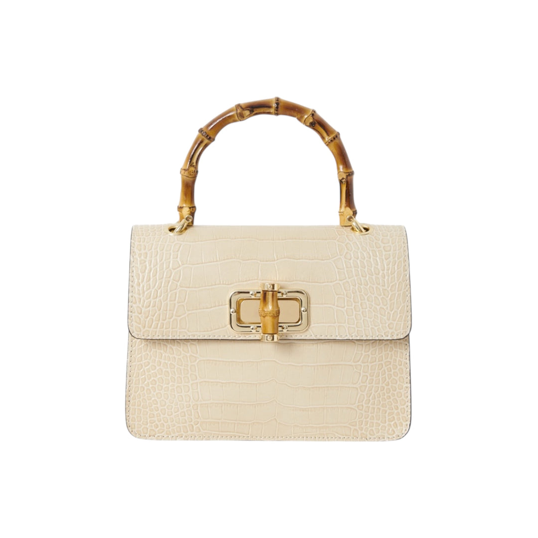 Leather Croc Embossed Square Mini Bag with Bamboo Handle Cream