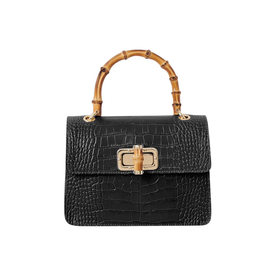Leather Croc Embossed Square Mini Bag with Bamboo Handle Black