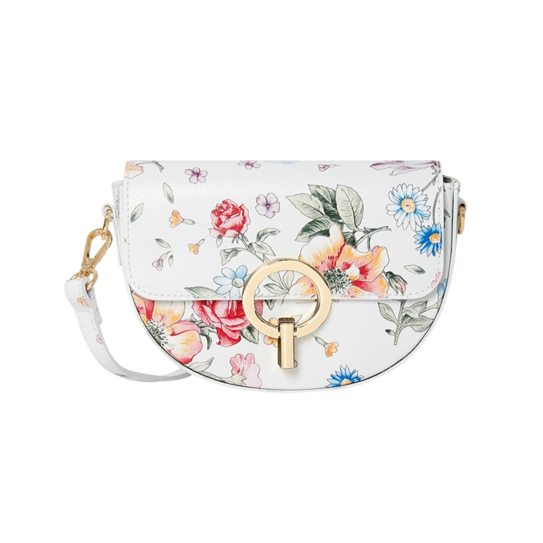 Italian Leather Crossbody Half Moon Handbag Floral Print