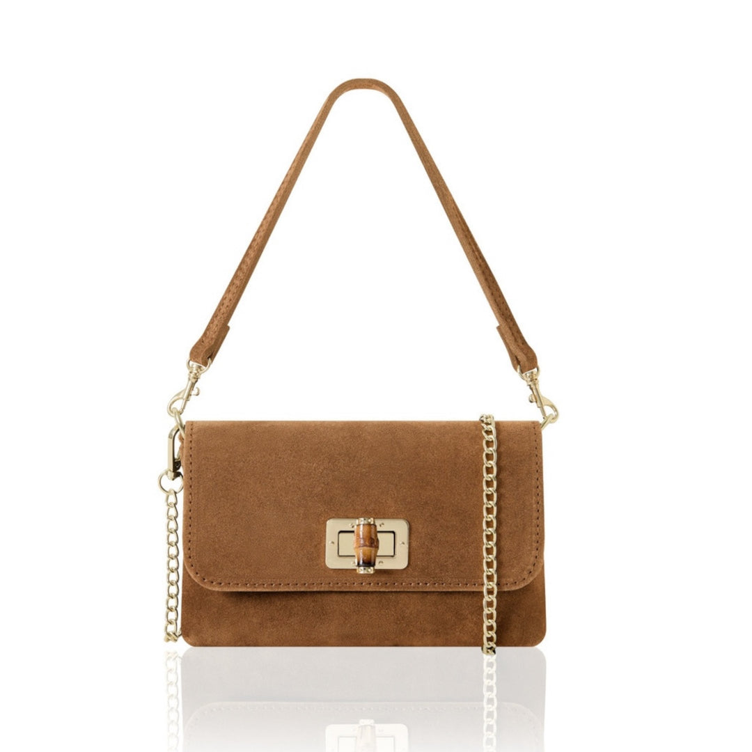 Small Suede Crossbody Bag with Bamboo Closure Tan