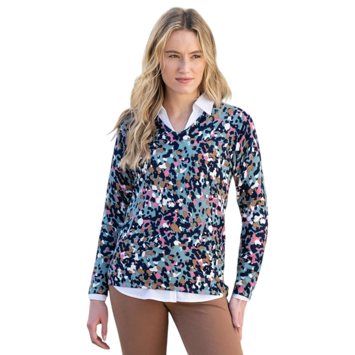 Marble V Neck Patterned Sweater Seafoam